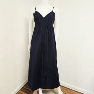 Quince 100% Organic Cotton Maxi Dress Navy Pockets Smocked Back Size S Strappy